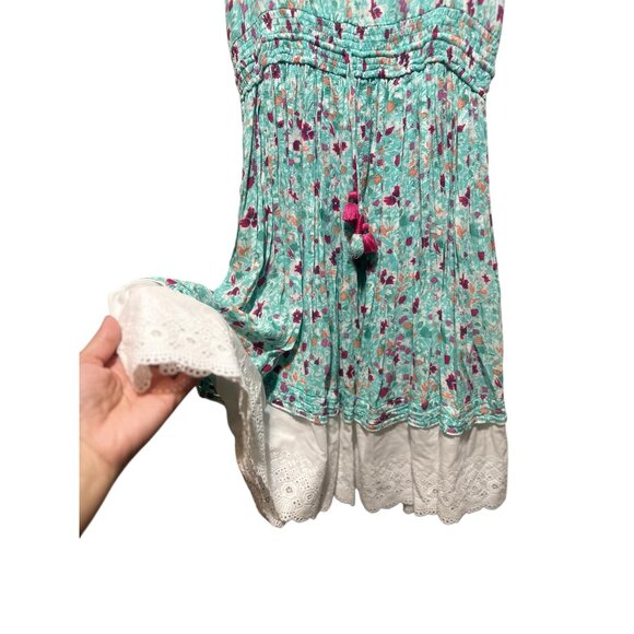Poupette St.Barth Floral Midi Dress Women Small Aqua Elastic Waist Tassel Resort - Picture 6 of 16